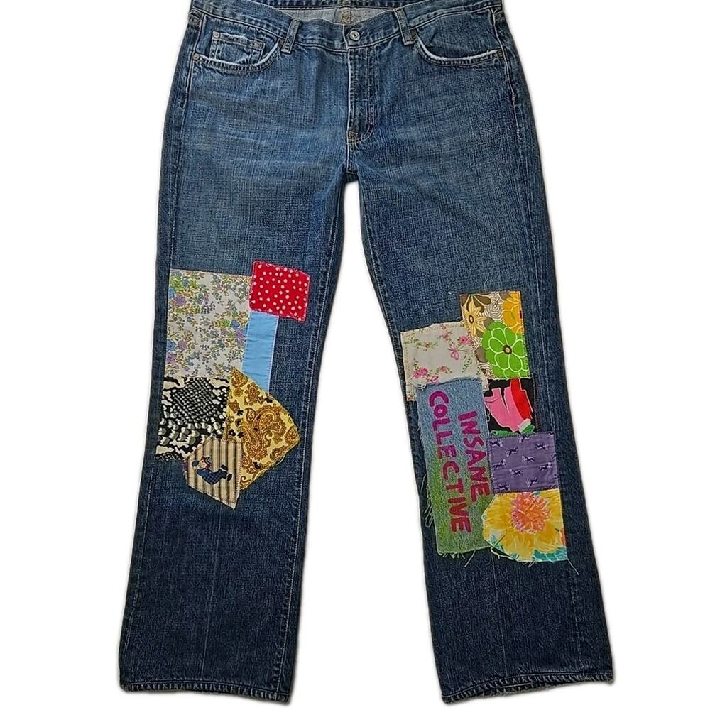 7FAM 7 For All Mankind INSANE Collective Patchwork‎ Boot Cut Men's Jeans 36 RARE